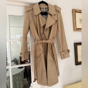 Vintage Burberry Cotton & Linen Khaki Trench Coat Raw Trim Size 6R